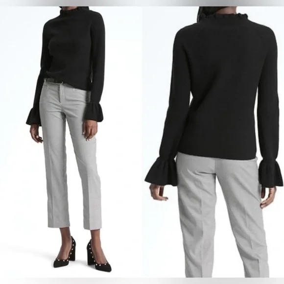 Banana Republic Greige Ruffle-Cuff Turtleneck Wool Cashmere Blend M - Picture 4 of 8